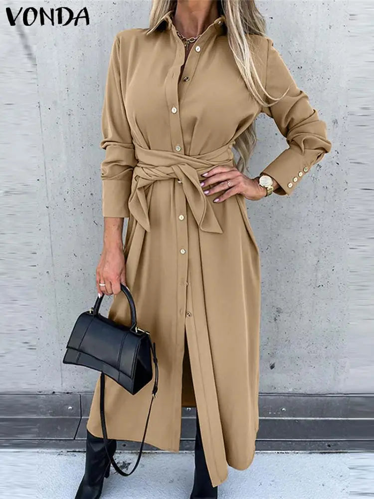 VONDA 2024 Women Autumn Long Shirt Dress Long Sleeve Buttons Belted Elegant Party Sundress Lapel Casual Solid Loose Vestido Robe