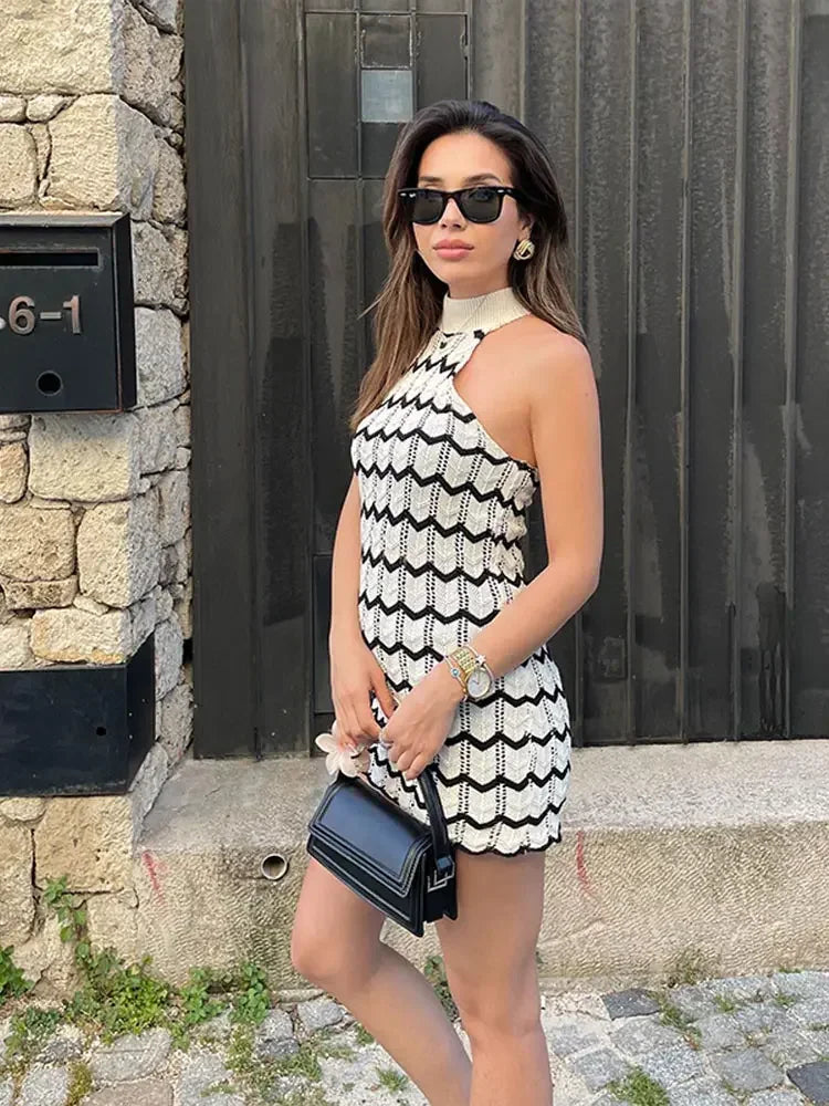 Fashion Striped Knitted Sleeveless Women Mini Dress Casual O Neck Cropped Tops Bodycon Shorts 2 Piece Sets Summer Ladies Outfits