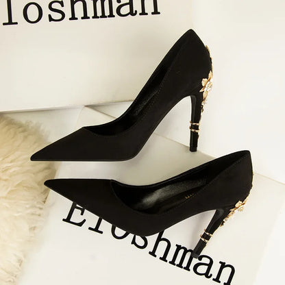 High End Metal Flower High Heels New European American Fashion Luxury Sexy Pointed Women's Shoes Banquet Party Casual Shoes