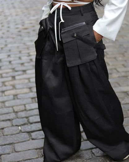 Solid Color Multi-pocket Loose Pants Women High Street Wide Leg Pants Straight High-waisted Oversized Y2K Trousers Pantalones