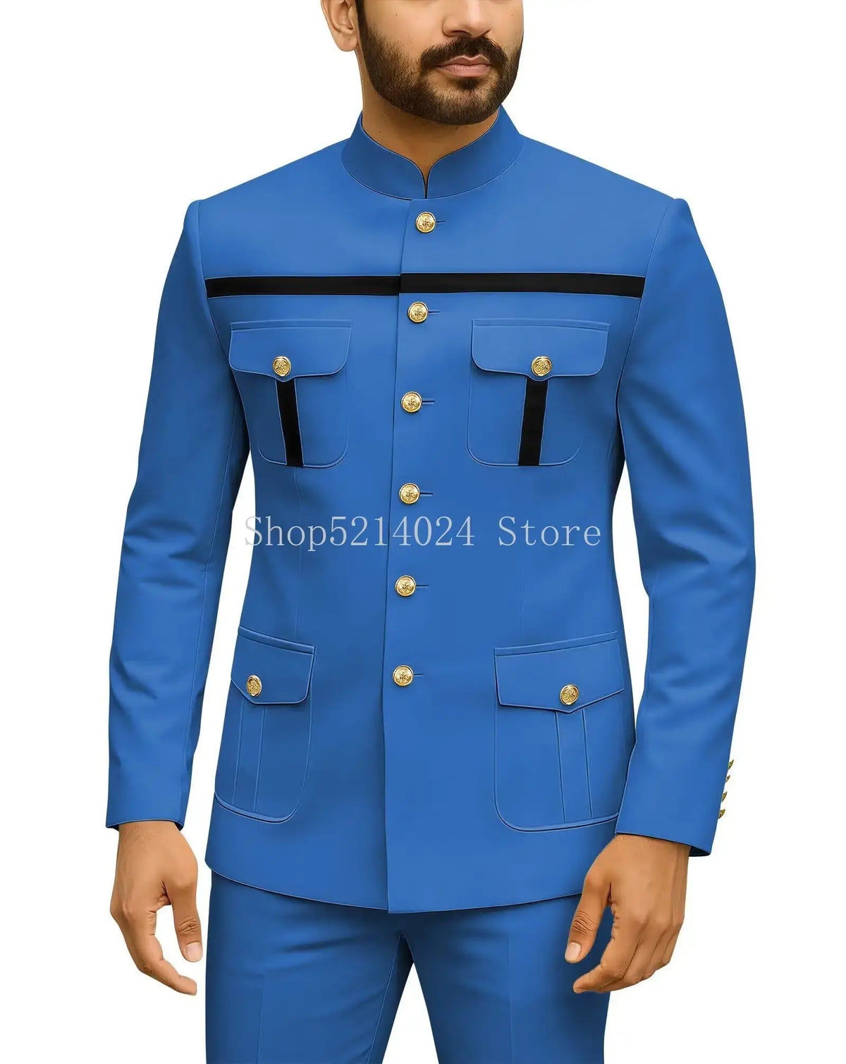 Herren Safari-Anzug 2-teilig Regular Fit Chinakragen Goldknopf Blazer Hose Set Afrikanische Outfits