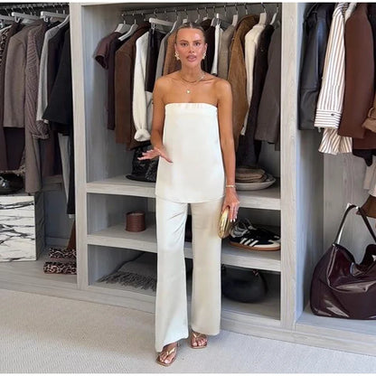 Elegant Tube Tops Women's Trouser Suits Backless Top Wide Leg Pants  Spring Summer High Street Fashion 2 Pieces Set Women
