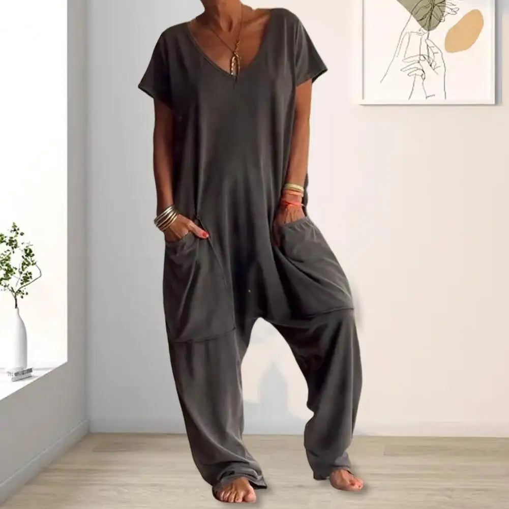 Women Loose Jumpsuit Versatile Women's V-neck Jumpsuit Stylish Crotch Design Loose Fit with Big Pockets for Casual Daily Wear