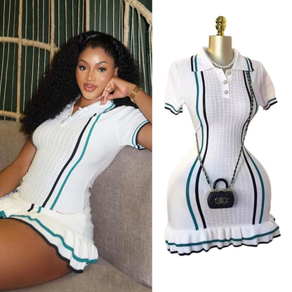 YuooMuoo Chic Fashion Sexy Package Hips Knitted Mini Dress  Summer Vintage Turn-down Collar Ruffled Party Dress Streetrwear