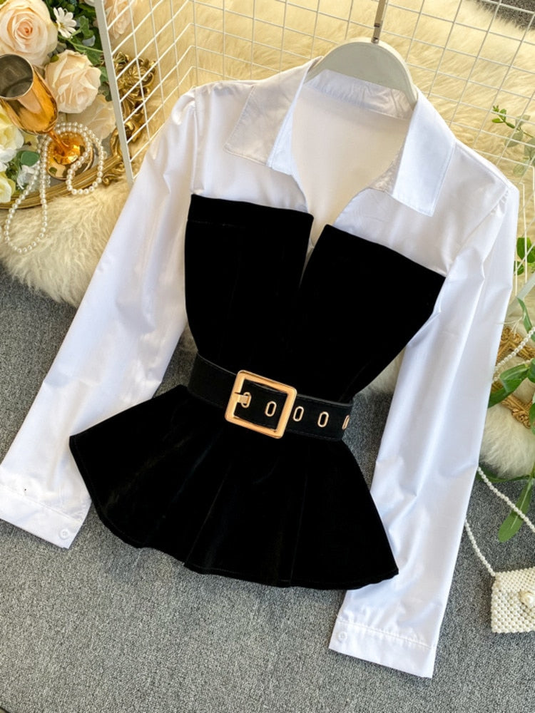 DEAT 2023  Spring Spring Long Sleeve Patchwork Velvet Size Small Tops With Belt High Waist Shorts Two Piece Set Women MH334