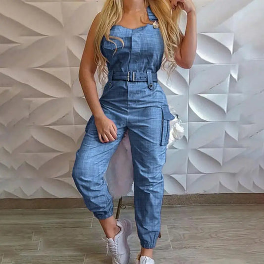 Women Bodycon Jumpsuit High Waist Halter Cargo Jumpsuit Summer Slim Trendy Casual Pocket Halter Overall Women Pants monos mujer