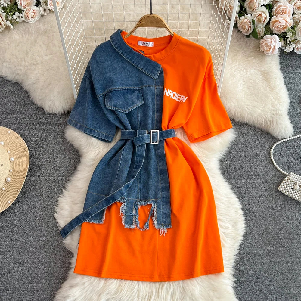 Elegant Summer Women Patchwork Denim Shirts Vintage Casual Slim Blouses Tops with Belted Female Fashion Pullover Clothes New