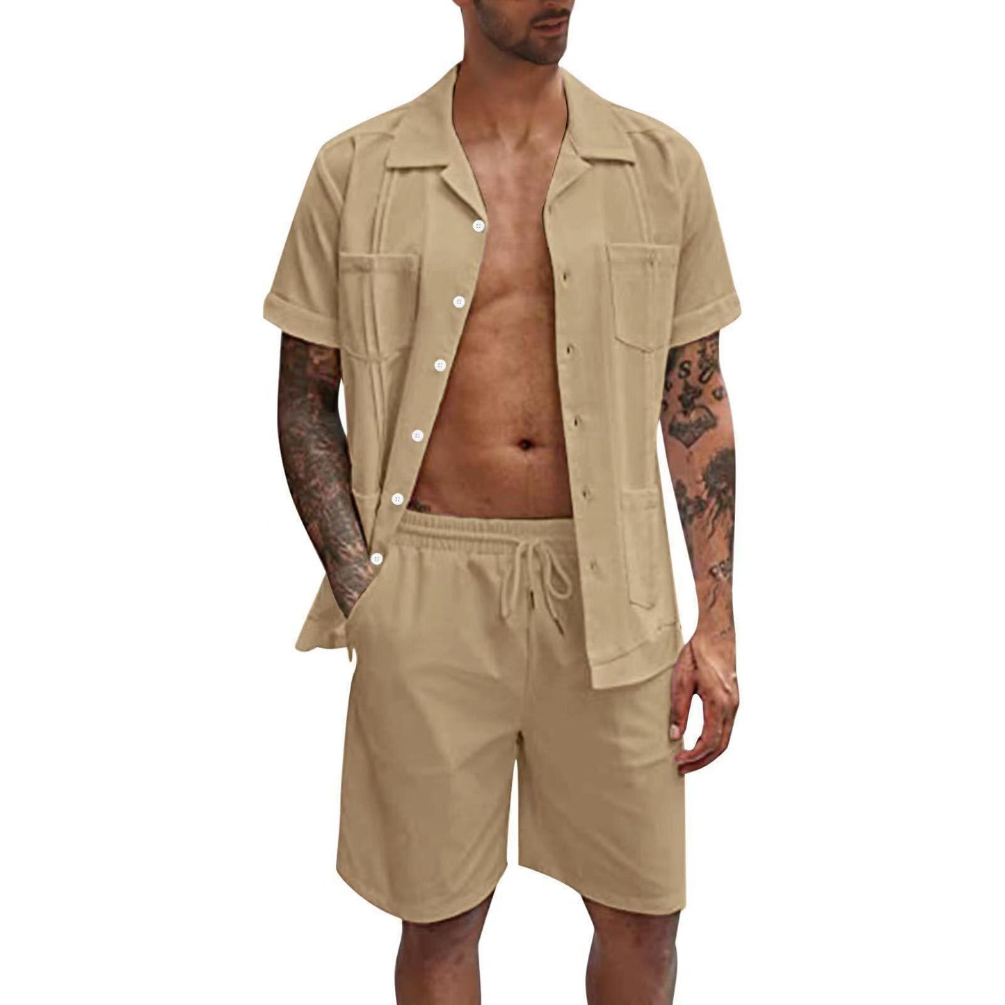 Men&#39;s Summer Casual Loose Two Piece Sets Beach Solid Workwear Pocket Linen Man Suit Short Sleeve Button Shirt And Shorts Outfits