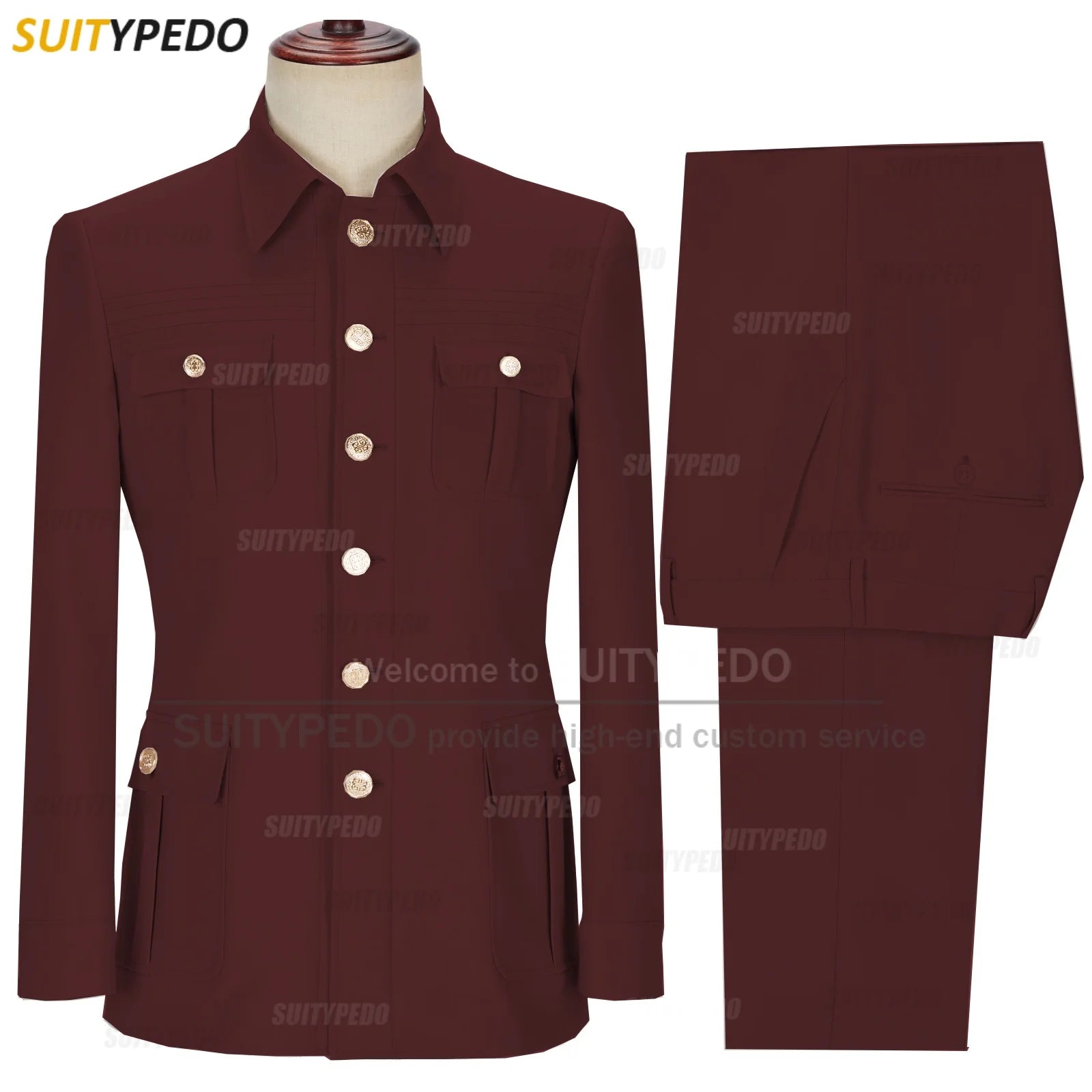 New Arrival  Elegant 2 Piece Slim Fit Men's Suits Fashion Four Pocket Wedding Party Suits（Blazer+Pants) Gold Button Texudos