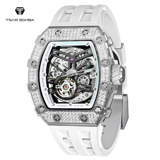 TSAR BOMBA Diamond Automatic Mens Watch Luxury Mechanical Watch for Men Sapphire White Wristwatch Waterproof Skeleton Clock