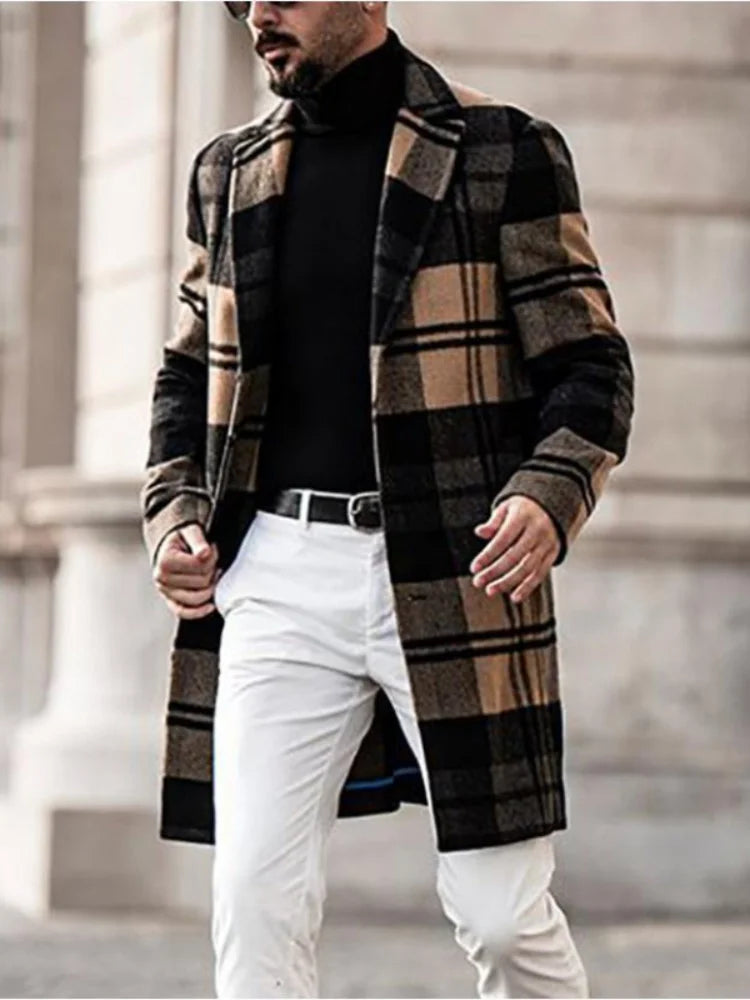 Autumn Winter New Fashion Men's Woolen Coats Solid Color Single Breasted Lapel Long Coat Jacket Casual Overcoat Casual Trench