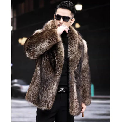 Men Autumn Winter Thick Maxi Faux Fox Fur Coat Jacket Long Sleeve Warm Luxury Fur Black Parkas Bontjas Furry Shaggy Outerwear