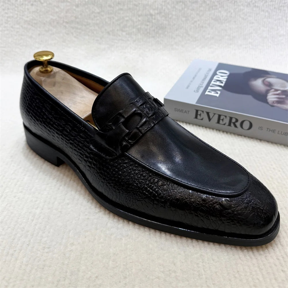 Luxury Men's Genuine Leather Dress Shoes Crocodile Print Wedding Loafers Double Buckle Business Office Formal Slip-On Shoes