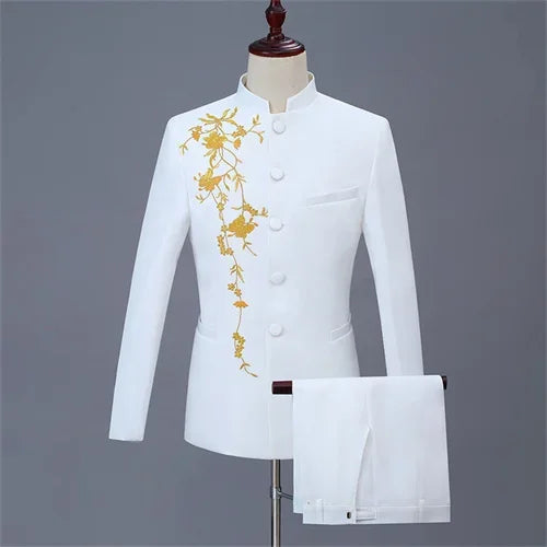 Neuer Herren Stehkragen Bestickter Anzug 2-teilig Schwarz / Weiß / Rot Mode Herren Bühne Party Perform Blazer und Hose