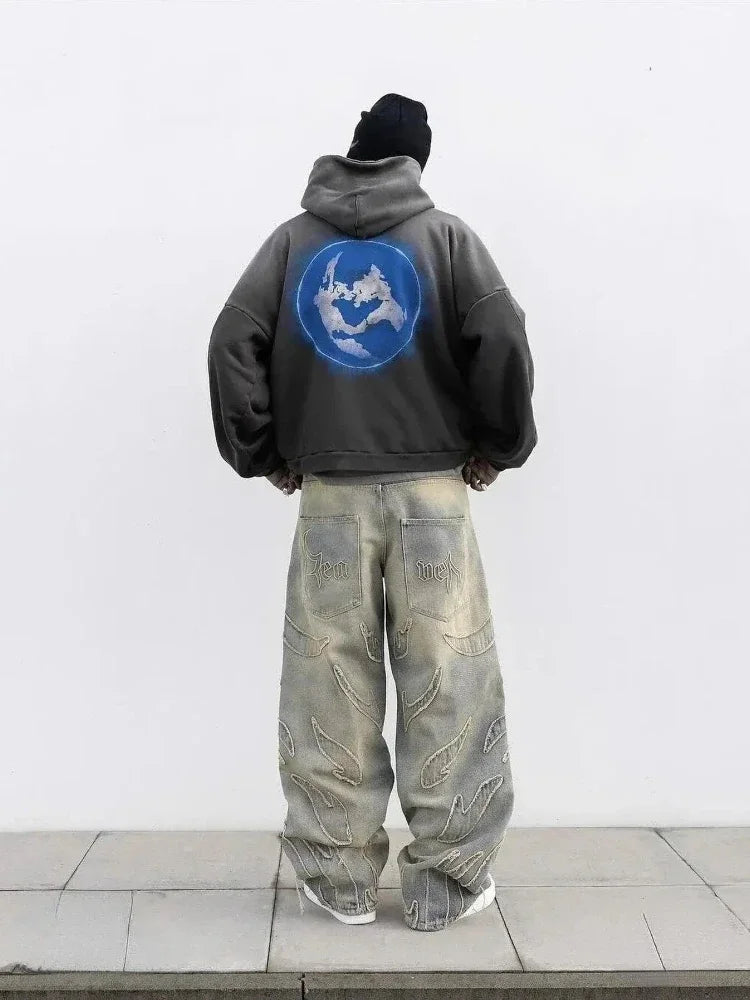 American New Fashion Patch Baggy Casual Jeans For Men And Women Y2K High Street Harajuku High Waist Wide Leg Denim Trousers
