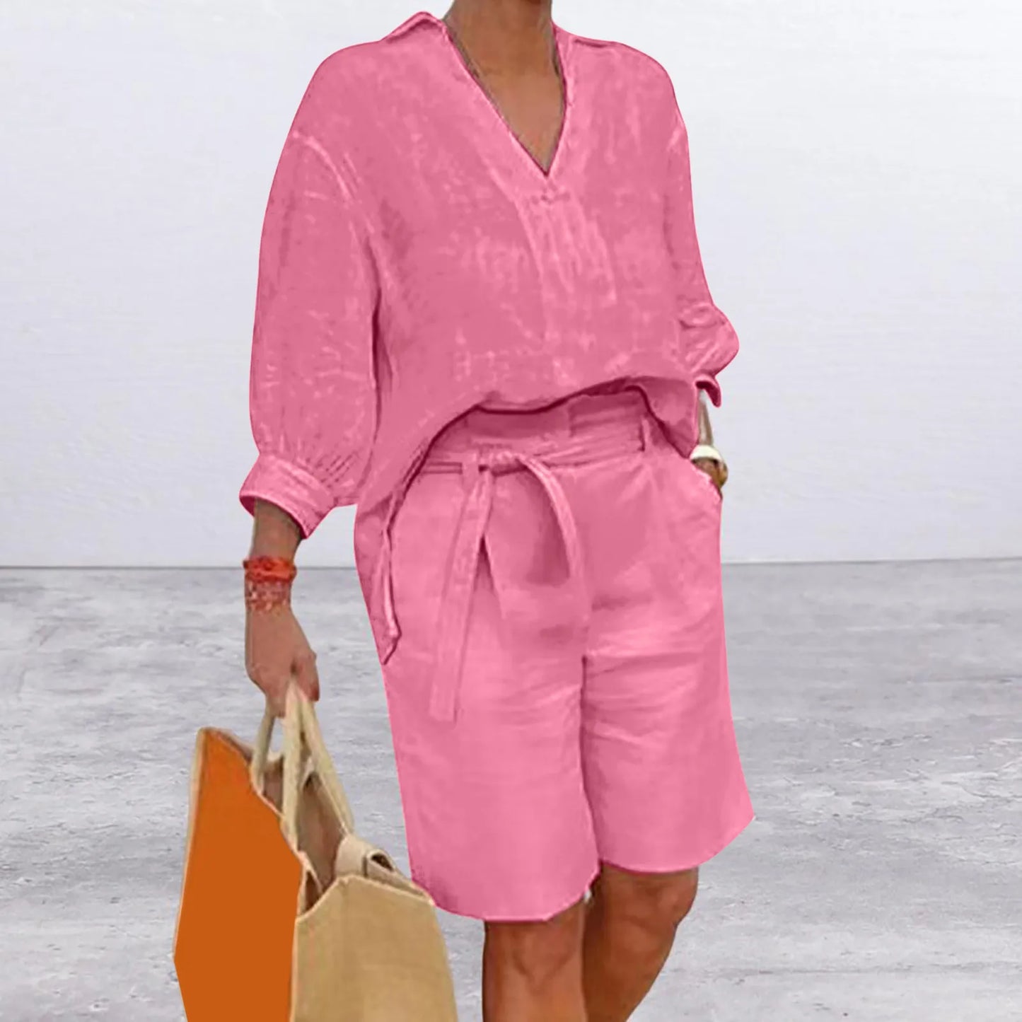 2023 Fashion Half Sleeve V-Neck Shirt Casual Loose Two Piece Set For Women Straight Pocket Belt Pants Summer Cotton Linen Suit