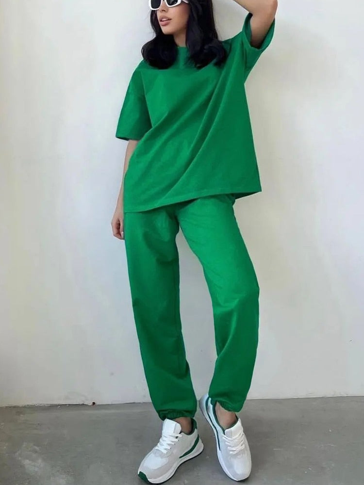 Summer Women's Suit Cotton 100% Trousers Classic Outfit Loose Oversize Two Piece Set Women Top and Pants Casual Tracksuit Female