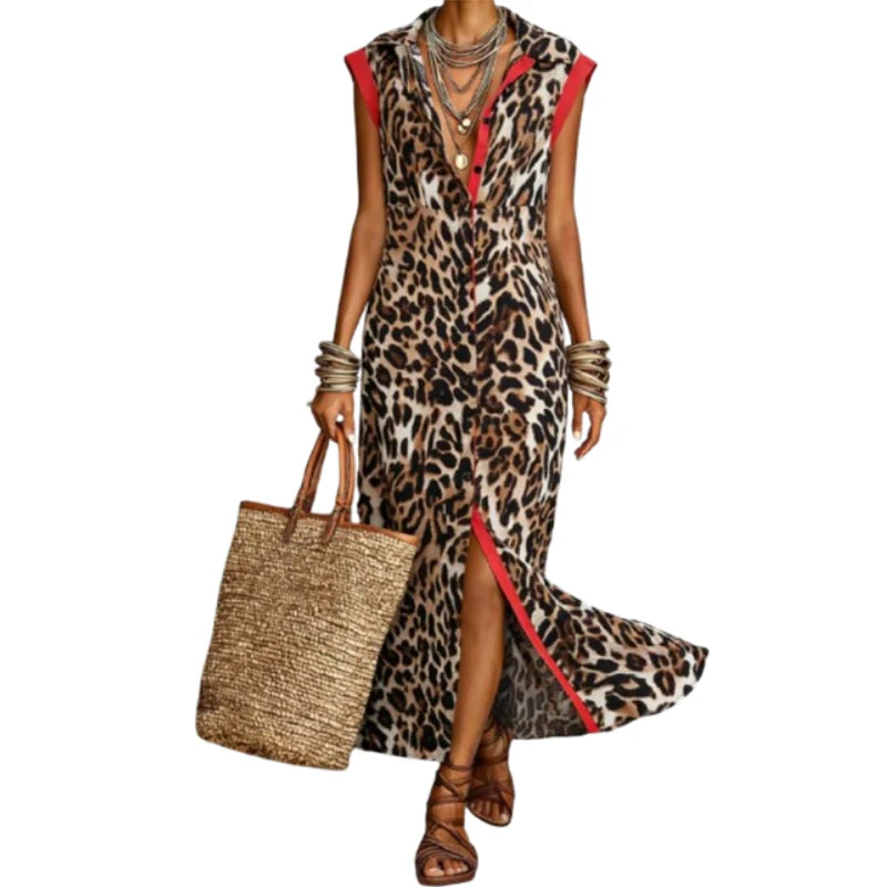UOOZEE Women's Fashion Leopard Printed High Slit Lapel Shirt Dress 2026 New Summer Flying Sleeves High Waisted Maxi Dresses