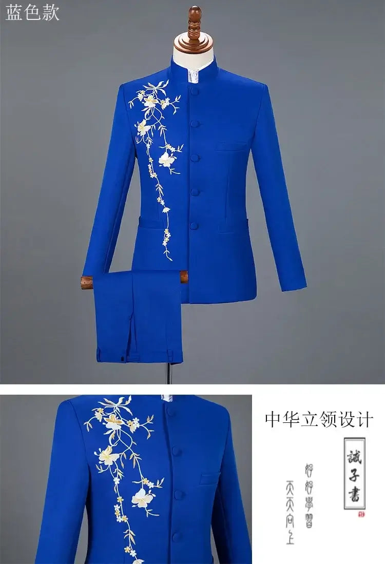 Neuer Herren Stehkragen Bestickter Anzug 2-teilig Schwarz / Weiß / Rot Mode Herren Bühne Party Perform Blazer und Hose