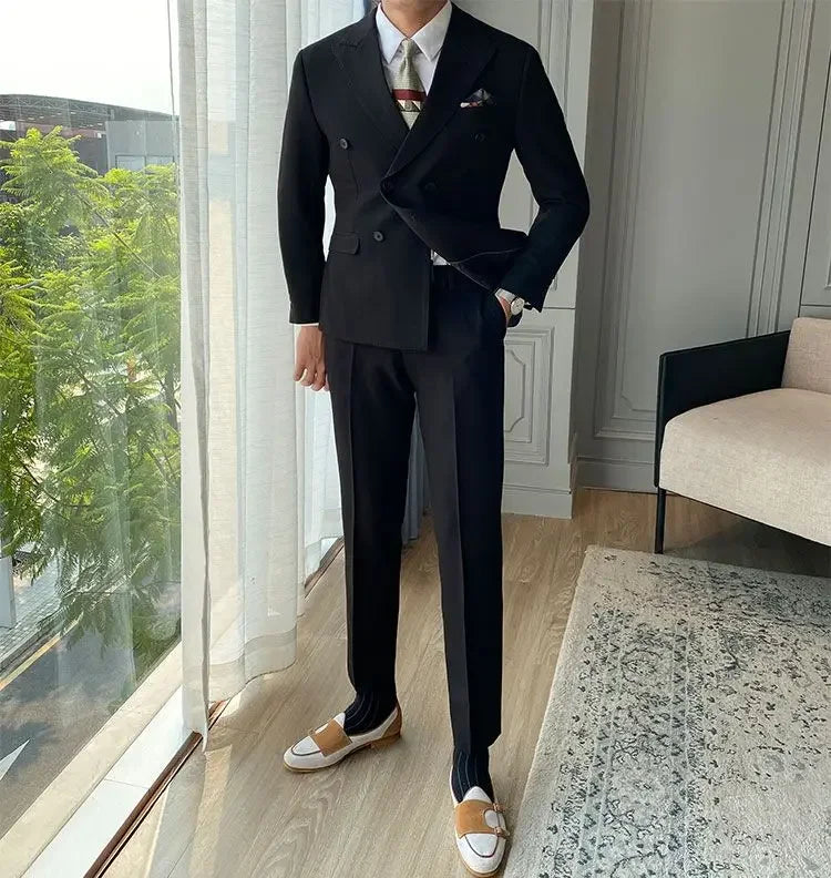 Casual Double Breasted Slim Fit 2 Piece Outfit Set Man Korean High Quality 2024 Full Suit for Men Clothes Gentleman Pants Blazer