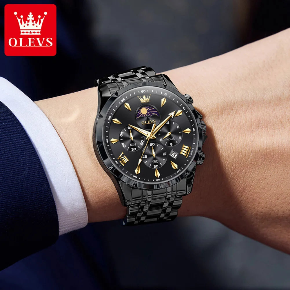 OLEVS 3653 Mans Watch Multifunctional Chronograph Quartz Watch Moon Phase Watches For Man Waterproof High Quality Original Brand