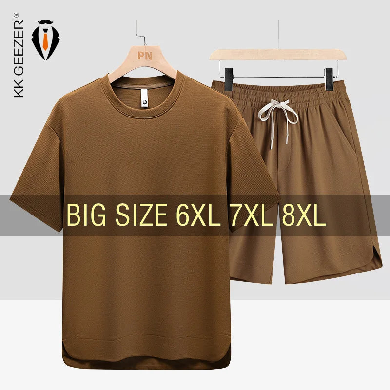 T Shirt Men Set Shorts Suit Oversize 6XL 7XL 8XL Plus Size Quick Dry Silk Short Sleeve Summer T-shirts Fashion Sportswear Loose
