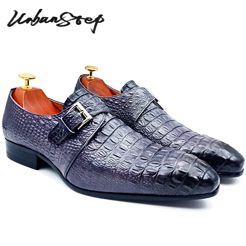 Luxury Men Monk Strap Shoes Gray Black Crocodile Print Loafers Casual Mens Dress Shoes Wedding Office Leather Shoes Men