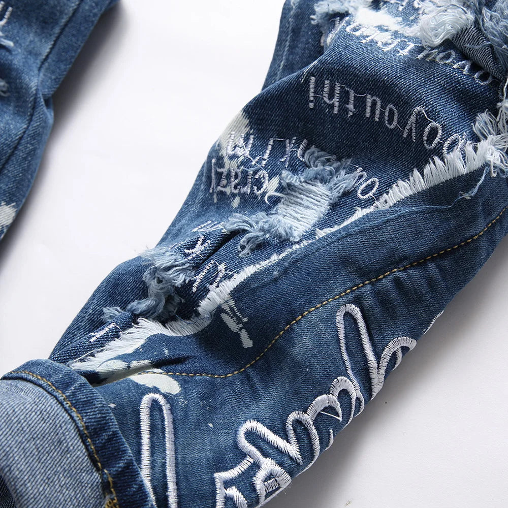 Men Letters Embroidery Stretch Denim Jeans Streetwear Holes Ripped Distressed Pants Fringe Patch Trousers