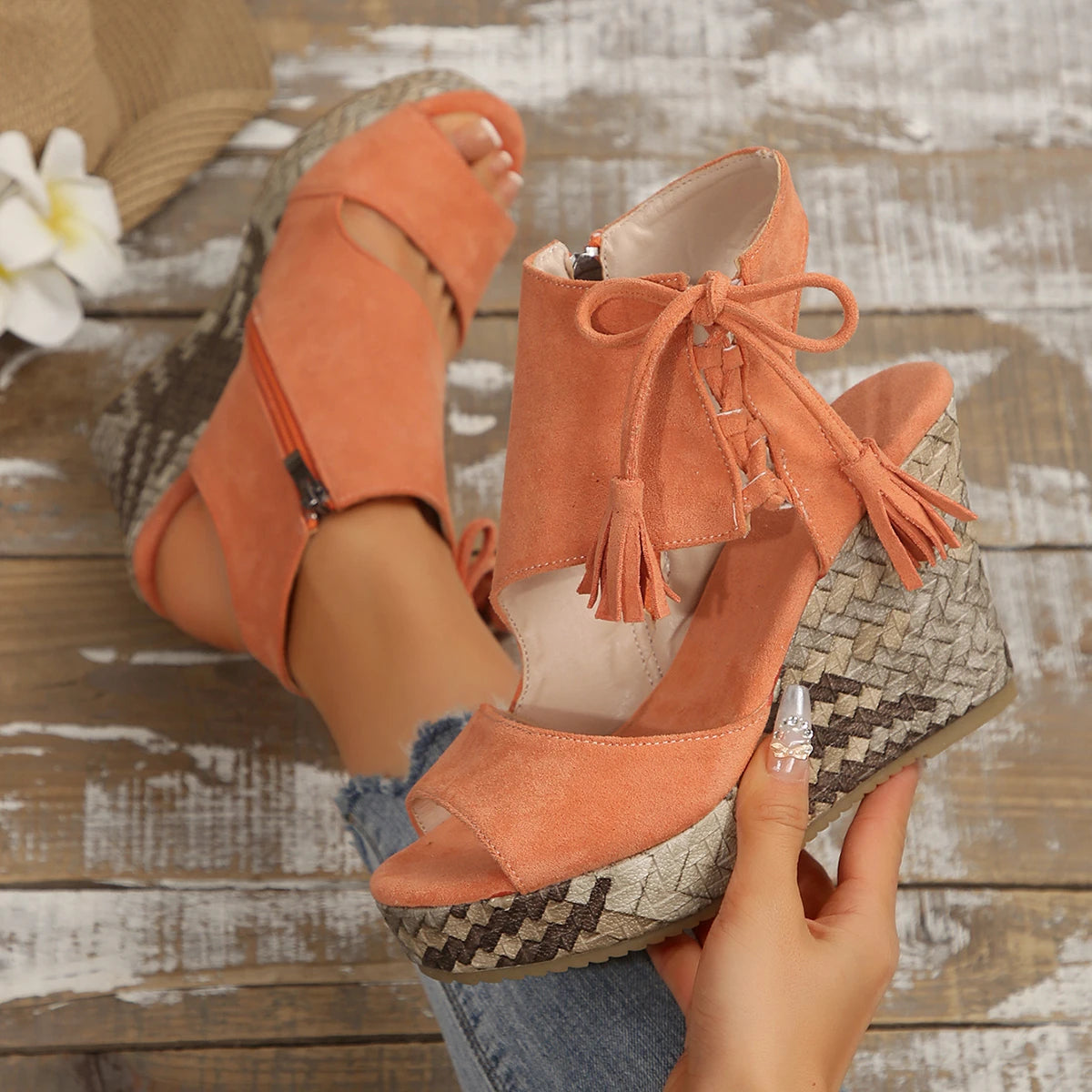 Women High Heels Suede Wedge Sandals 2026 New Women Fashion Bohemian Platform Women Shoes Summer Super Heel Comfort Sandals