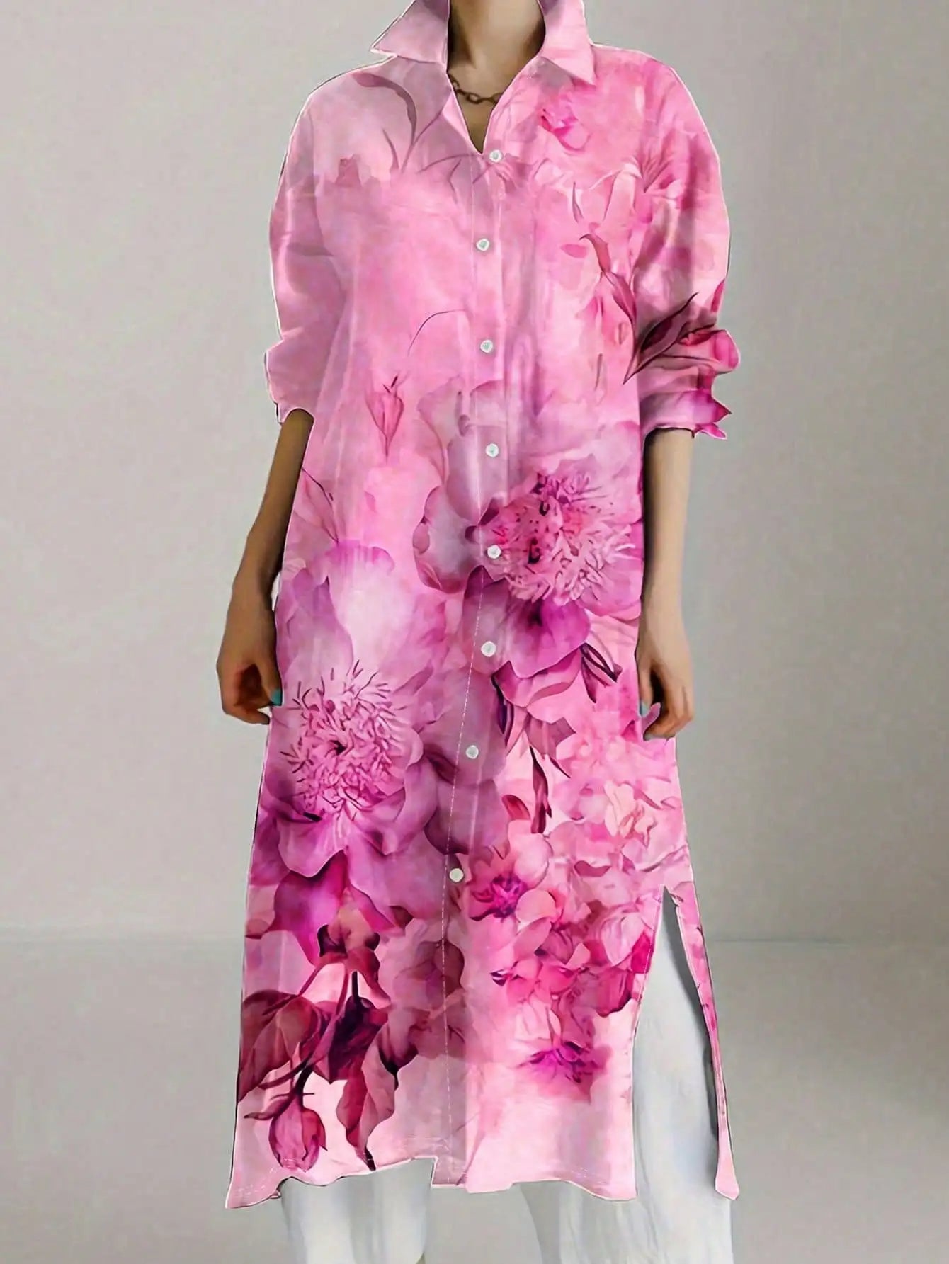 Plus Size Women's Vintage Chic Floral Print Long Sleeve Shirt Dress