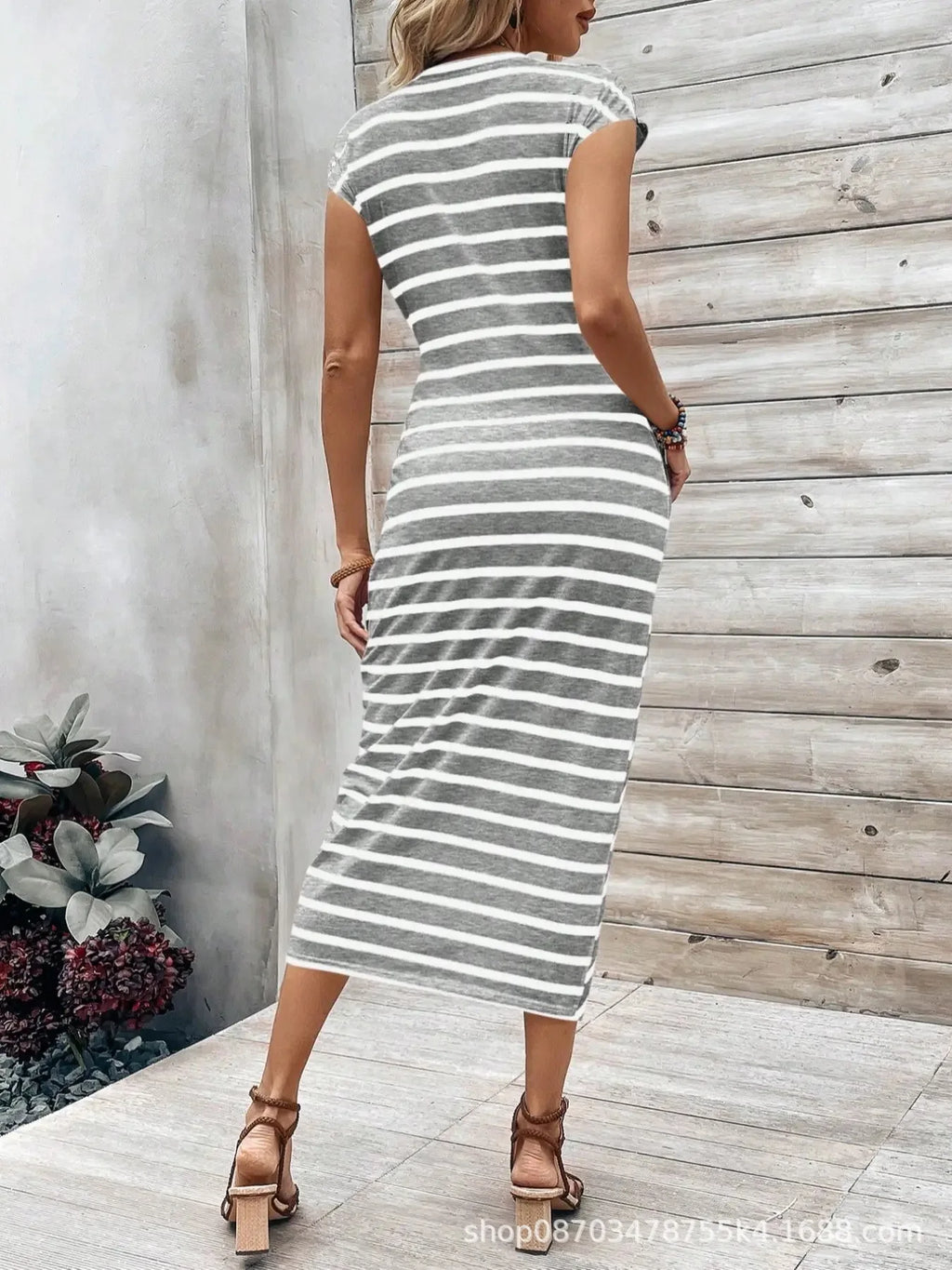 Elegant And Elegant Waist Lace Up Striped Round Neck Short Sleeve Long Dress Summer Party Bodycon Women's Dresses
