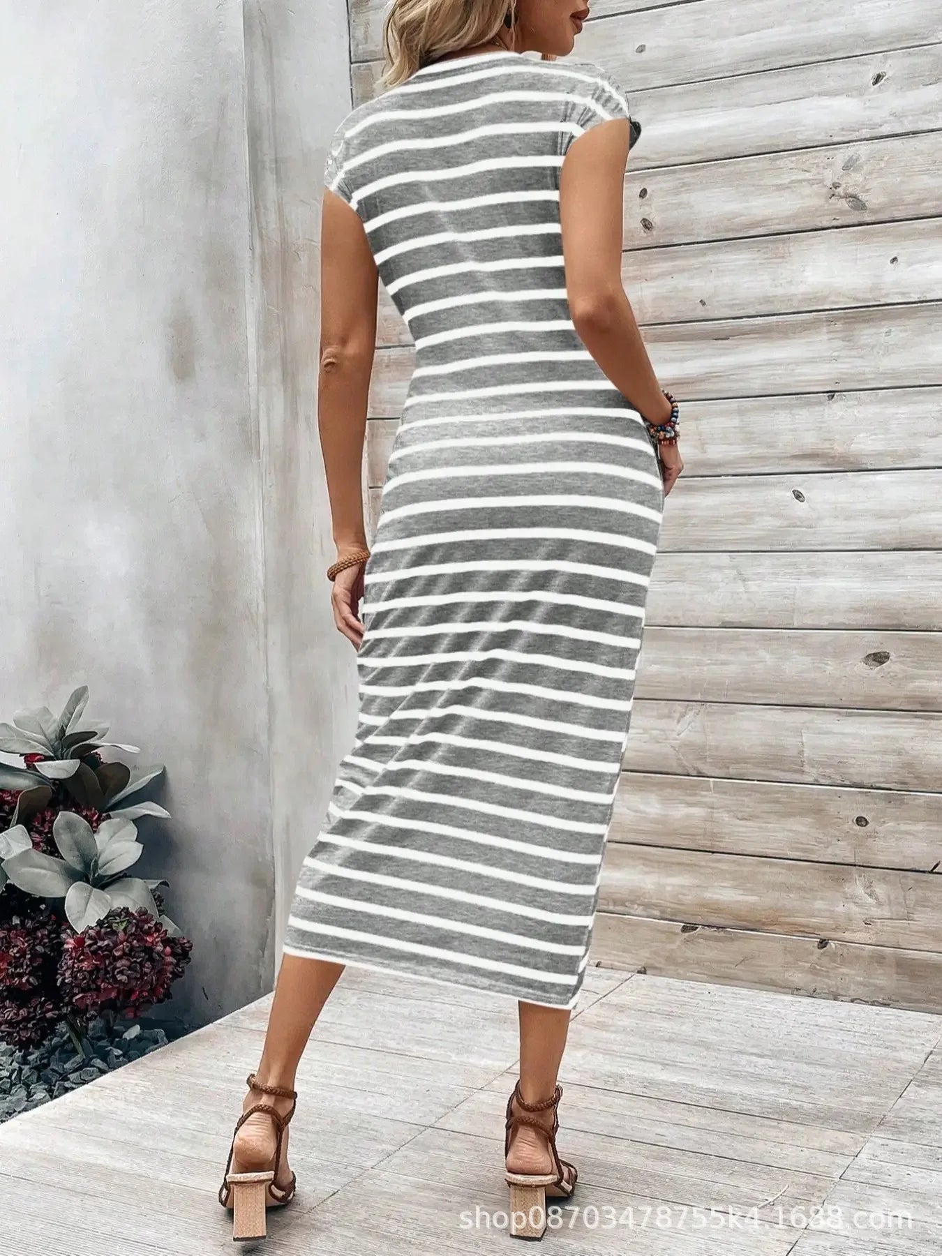 Elegant And Elegant Waist Lace Up Striped Round Neck Short Sleeve Long Dress Summer Party Bodycon Women's Dresses