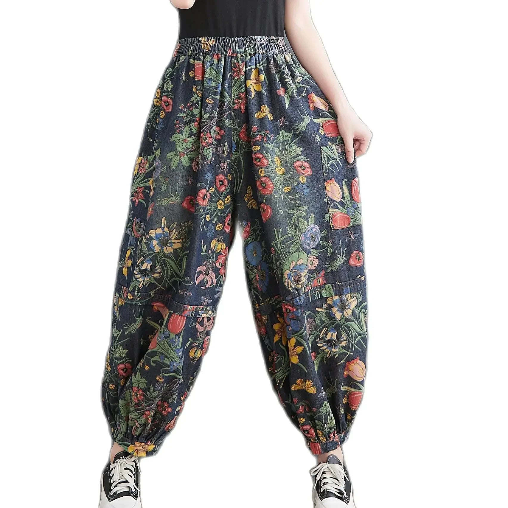 New Fashion Ladies Printed Floral Jeans Women Vintage Blue Denim Pants Female Street Style Oversized Bloomers Pantalons