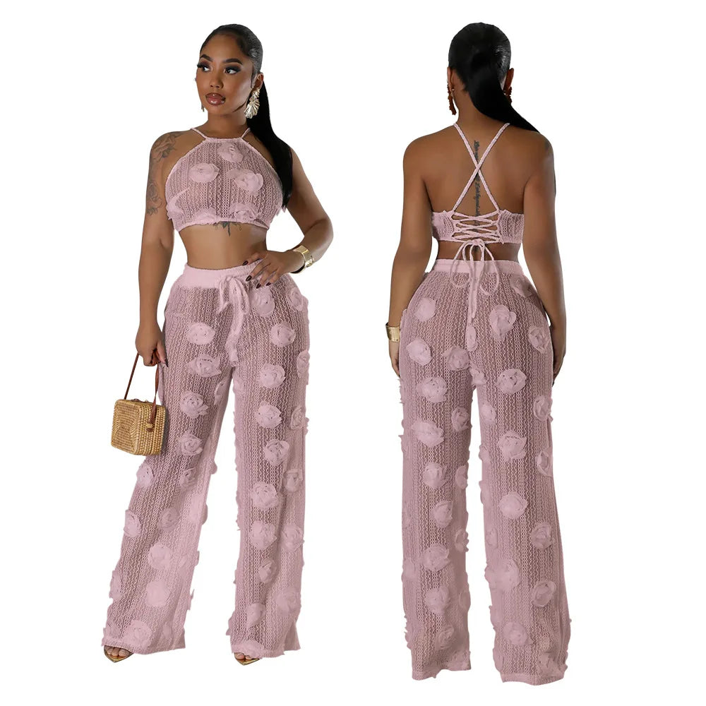 3D Floral Patchwork Women 2 Piece Set Spaghetti Straps Tank Top Wide Leg Pants Matching Set Sexy See Through Beach Bathing Suits