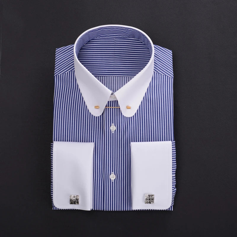 Pinhole collar empire collar patchwork collar French cuffs men's shirt manager business 100% cotton stripe custom shirt for men