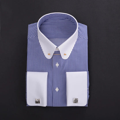 Pinhole collar empire collar patchwork collar French cuffs men's shirt manager business 100% cotton stripe custom shirt for men