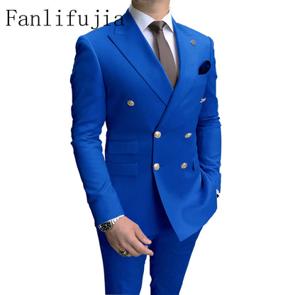 Fanlifujia Store  Casual Sky Blue Men Suits Double Brested Peak Lapel  Gold Button Groom Wedding Tuxedos Best Costume Homme