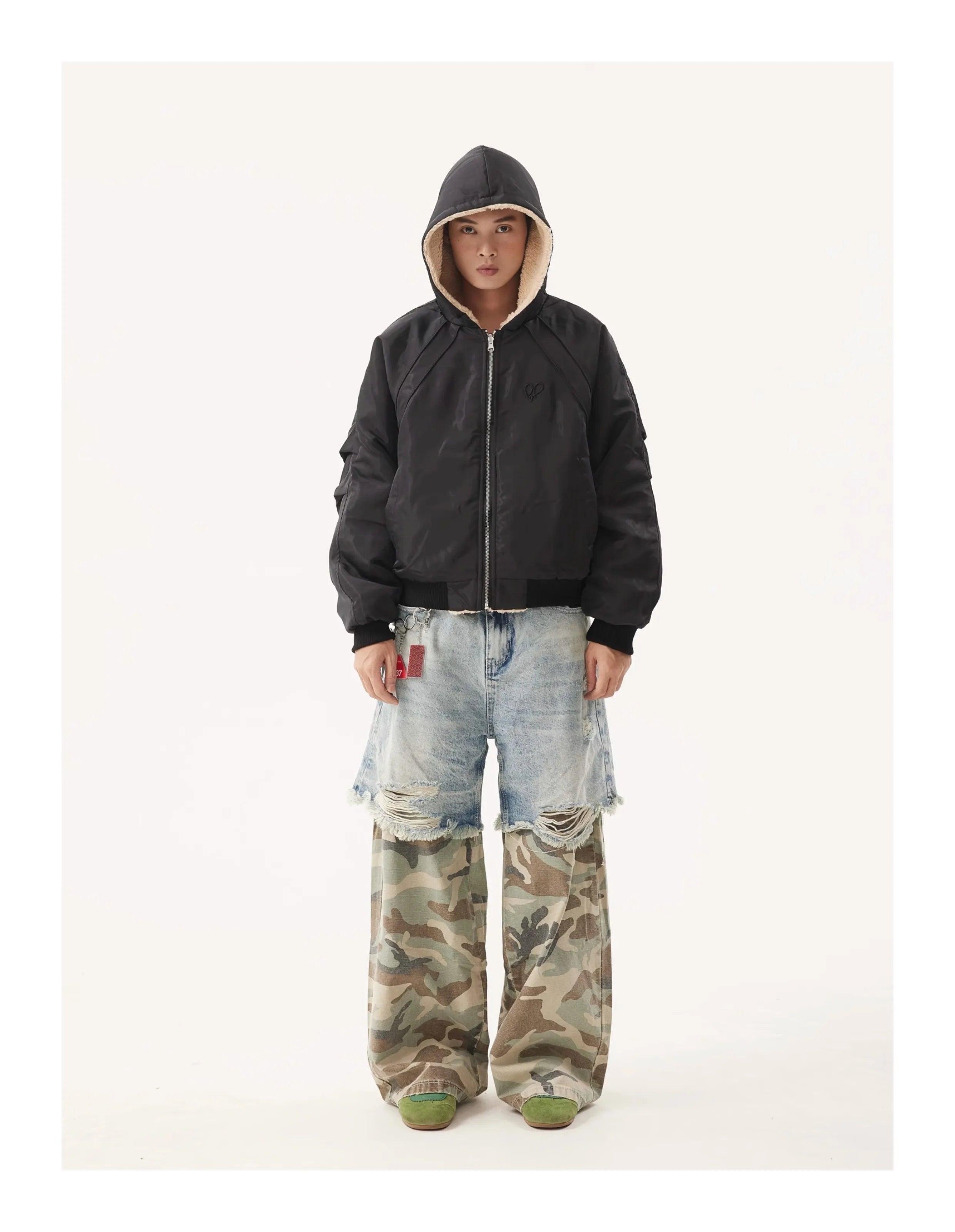 PFNW Niche Design Men's Jeans Washed Distressed Colorblock Splic Fake Two Piece Loose Straight Trousers Wide Leg Pants 28W5474