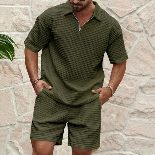 European and American Men's Spring and Summer Trends Youth Outdoor Lapel Small Plaid Short Sleeve Shorts Sports Suit