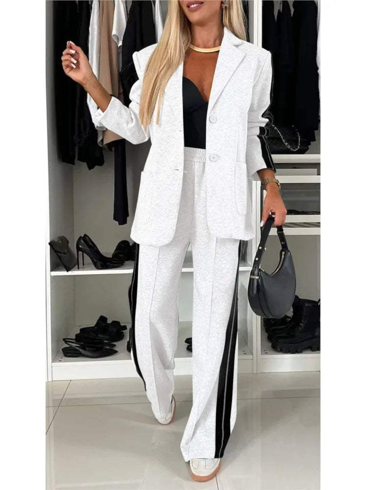 Autumn And Winter New Long Sleeves Suit Women's Suit Fashion Pimp Stitching Pants Pocket Female Office Blazer 2 Piece Set