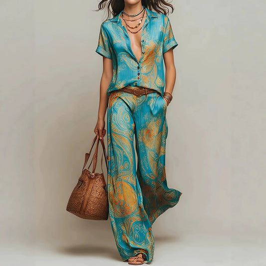 Summer Chic Woman Vintage Print Two-Piece Set for Shirt Collar Button Short Sleeve Top Wide Leg Pants Casual Slim Suit