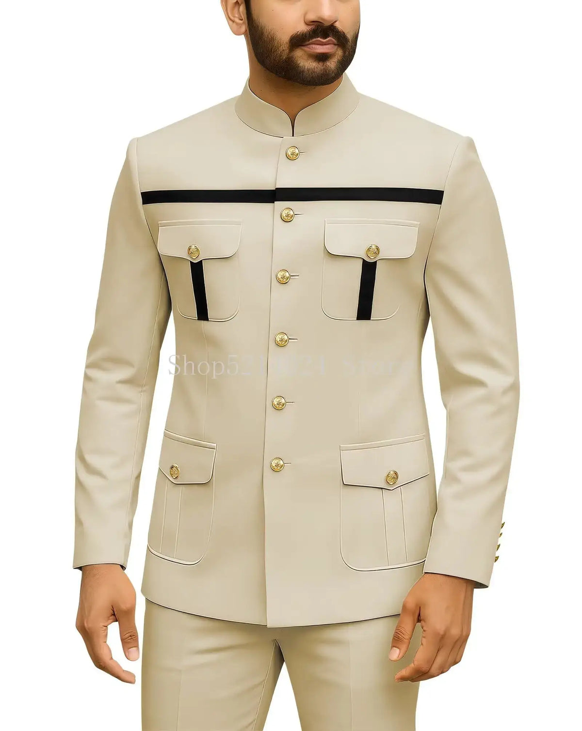 Herren Safari-Anzug 2-teilig Regular Fit Chinakragen Goldknopf Blazer Hose Set Afrikanische Outfits