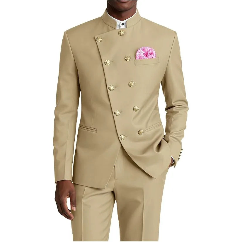 Men's Business Casual Suit 2 Piece Brown Mandarin Collar Double Breasted With Gold Buttons