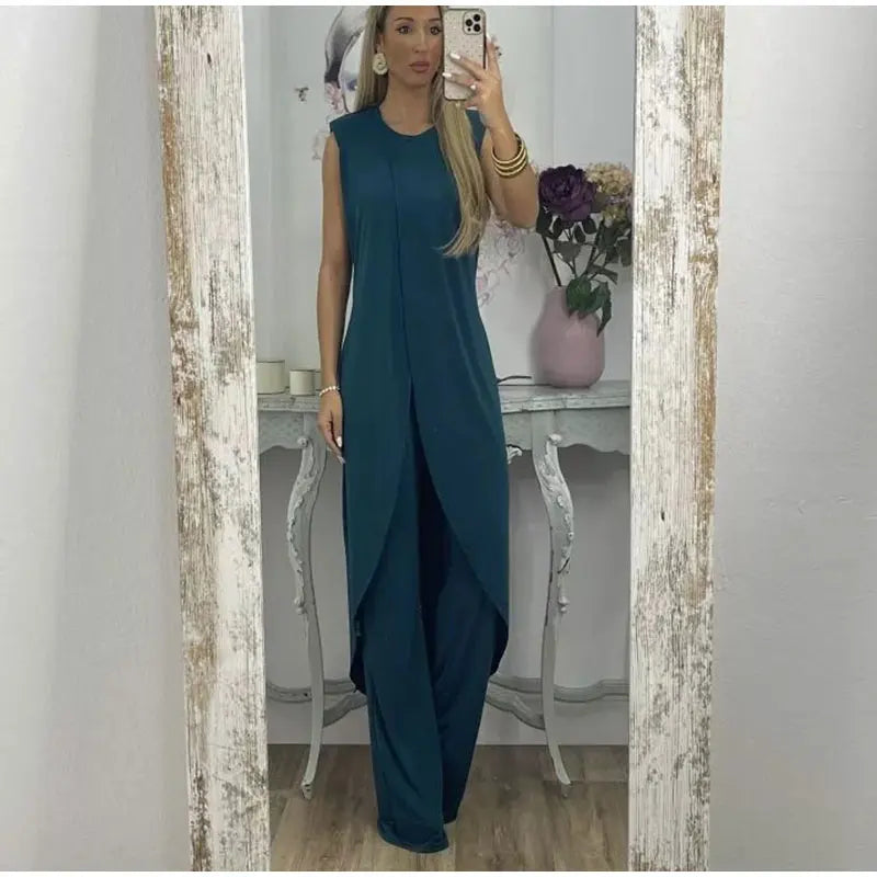 Casual Solid Two-piece Set For Women Fashion Round Necked Sleeveless Long Top Loose Pants Suit 2023 Elegant Lady Chic Outfits