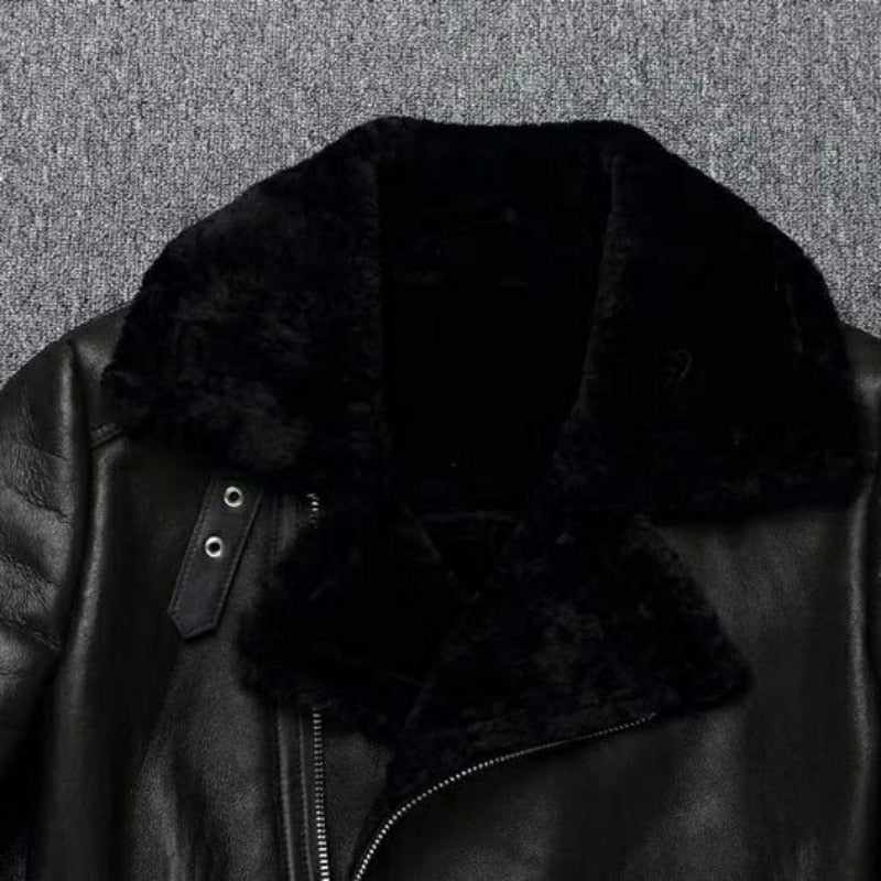 Men Shearling Real Leather Jacket Natural Sheep Fur Jackets Lapel Oblique Zipper Belt Biker Jackets Winter Coat Warm