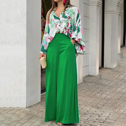 Spring Autumn New Women's Fashion Printed Single Breasted Shirt Solid Color Pants Casual Comfort Two Piece Set