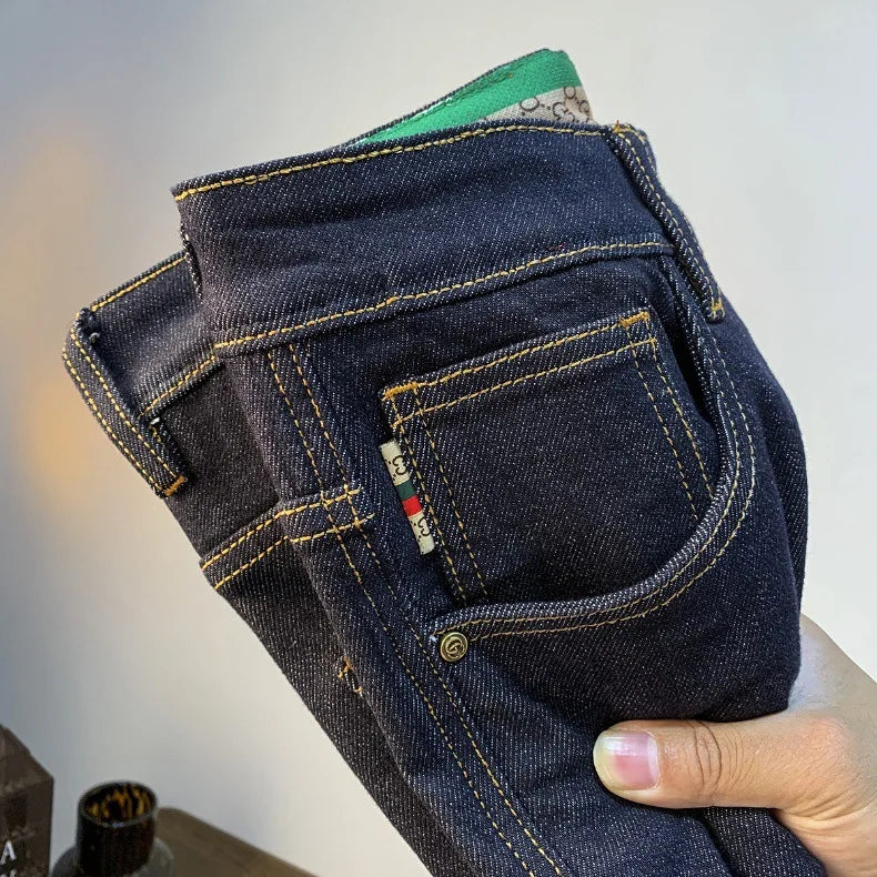 High end light luxury men jeans autumn new item dark blue fashion printed casual straight slim fit cotton washed denim pants