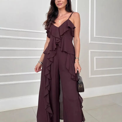 Women's Solid Color Chiffon V-neck Suspender Ruffle Edge Straight Leg Pants Two-piece Set for Summer