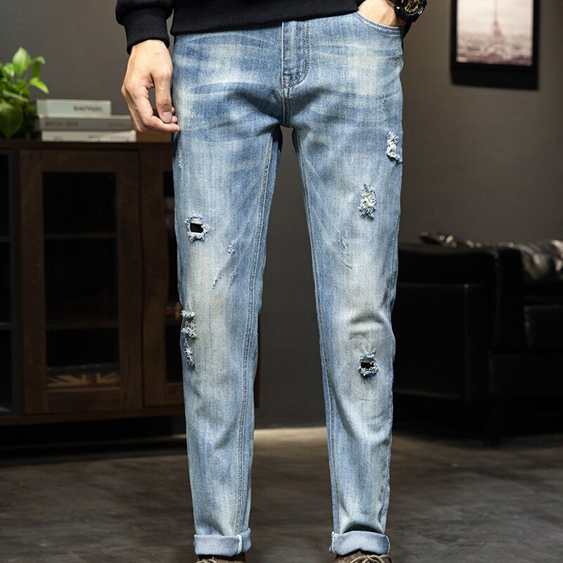 Korean Fashion Streetwear Cotton Men&#39;s Jeans Man Hole Denim Pants Classic Clothes Overalls Straight Trousers for Men Large Size