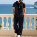 Men's Summer Casual Linen 2 Piece Outfit Short Sleeve Hoodie & Loose Pants Set Breathable Tracksuit for Beach Daliy Streetwesr